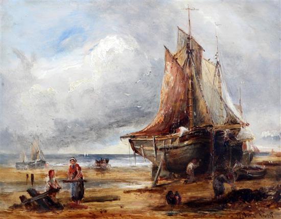 William Bond (1833-1926) Fisherfolk on the shore at low tide, 8 x 10.5in.